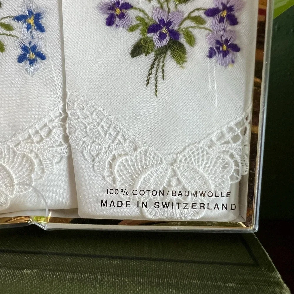 Doerig Swiss Embroidered Handkerchief Set St Gallen Cotton Floral Boxed